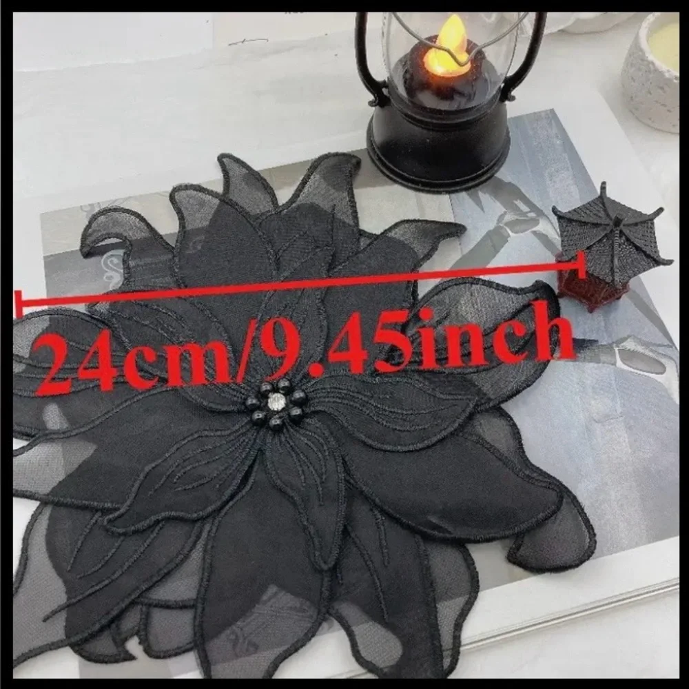 White & Black Embroidered Sew-On Appliqué Flower, Clothing Embellishment, New